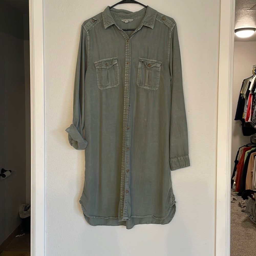 Army green button down dress